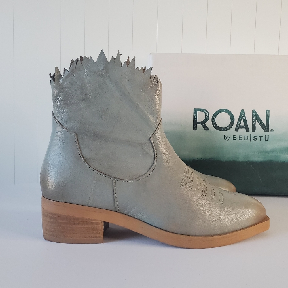 ROAN by Bed Stu Womens 7 Diabolical Leather Ankle Boots Grey Teal Flamed Collar